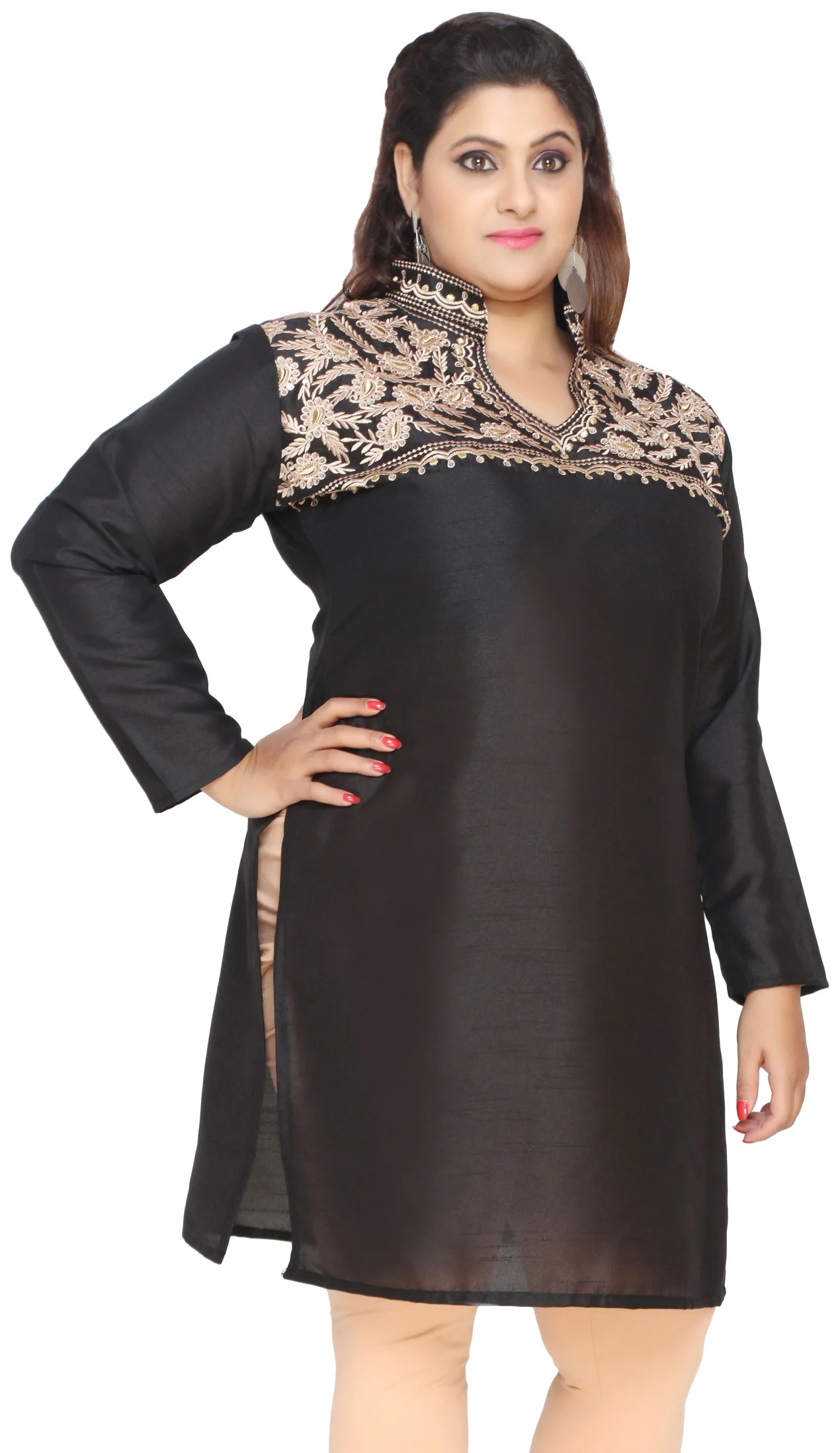 Women's Art Silk Indian Tunics Kurti Long Top Embroidered Plus Size (Black) - Image 4