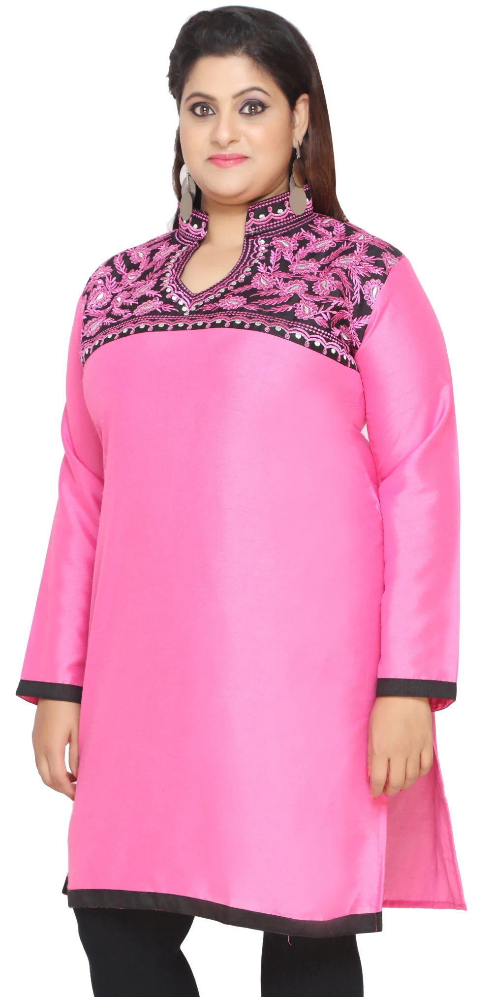 Women's Art Silk Indian Tunics Kurti Long Top Embroidered Plus Size (Pink) - Image 4