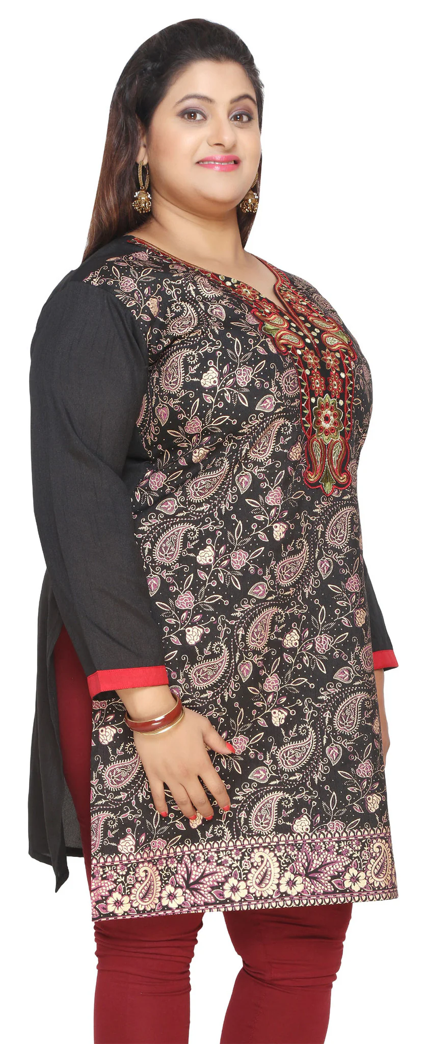 India Tunic Long Top Kurti Embroidered Womens Plus Size Clothes (Black) - Image 3