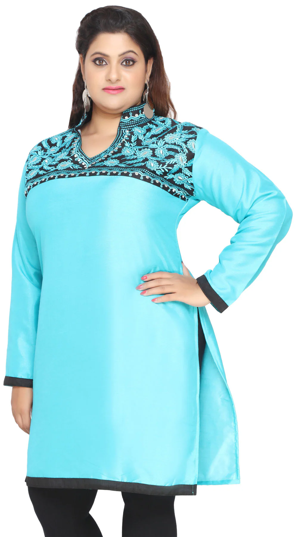 Women's Art Silk Indian Tunics Kurti Long Top Plus Size (Turquoise) - Image 4