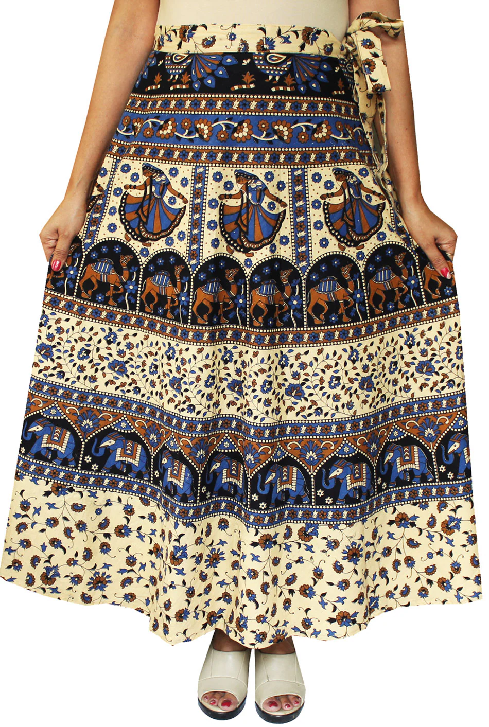 Women's Printed Long Cotton Wrap Around India Skirt (Blue, One Size) - Image 2