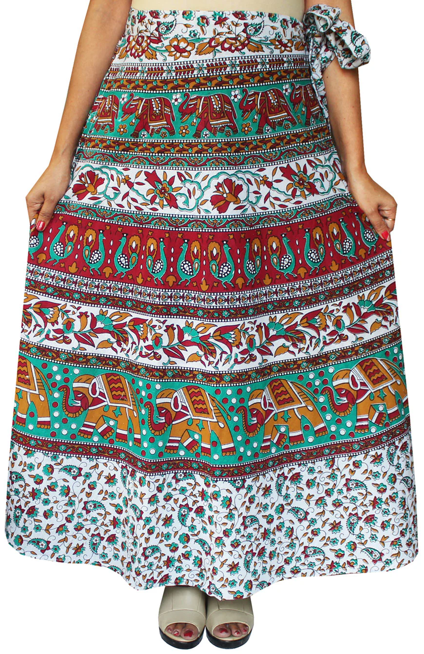Women's Printed Long Cotton Wrap Around India Skirt (Green, One Size) - Image 2