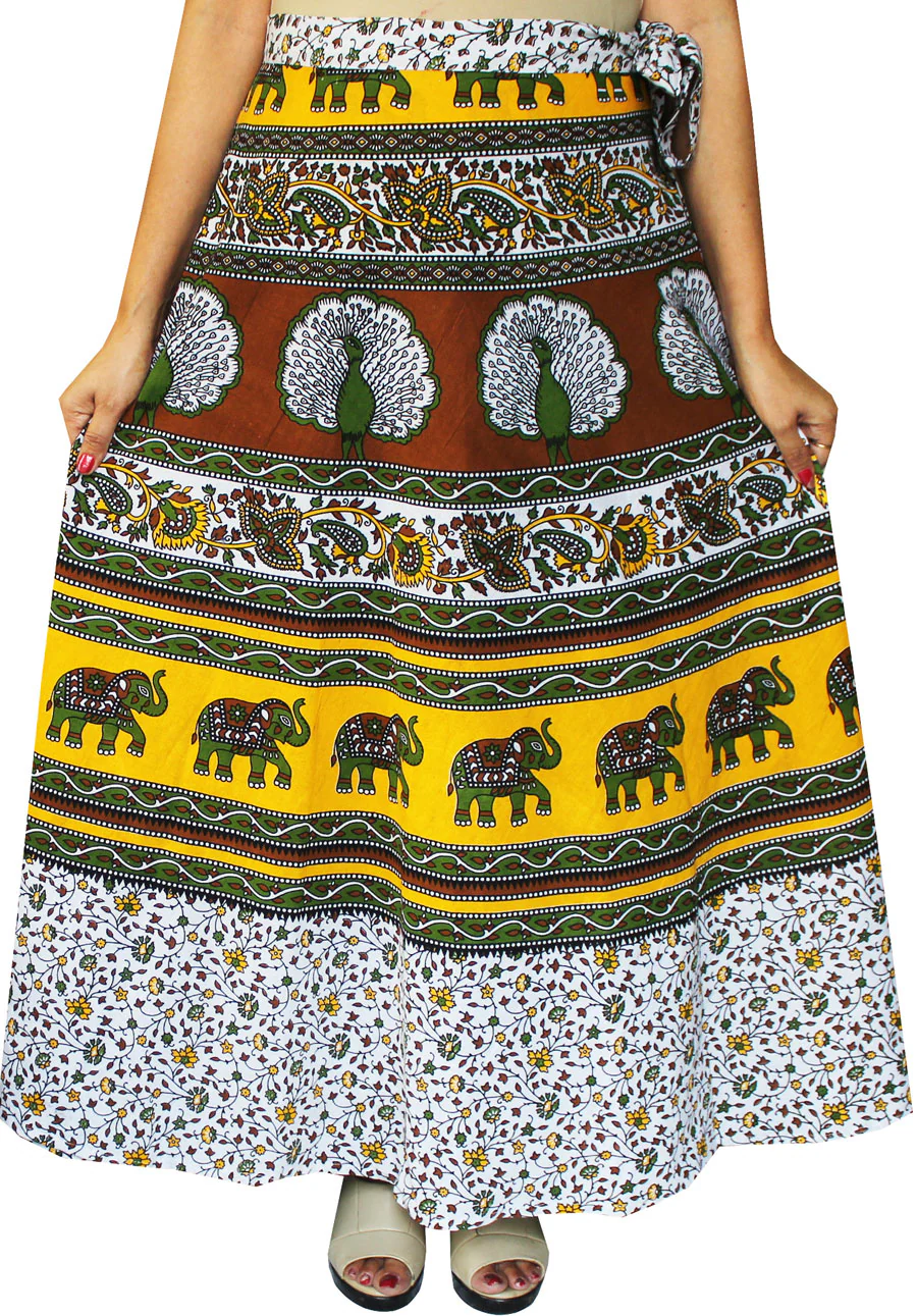 Women's Printed Long Cotton Wrap Around India Skirt (Yellow, One Size) - Image 2