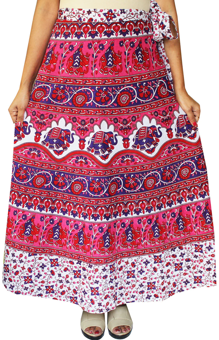 Women's Printed Long Cotton Wrap Around India Skirt (Pink, One Size) - Image 2