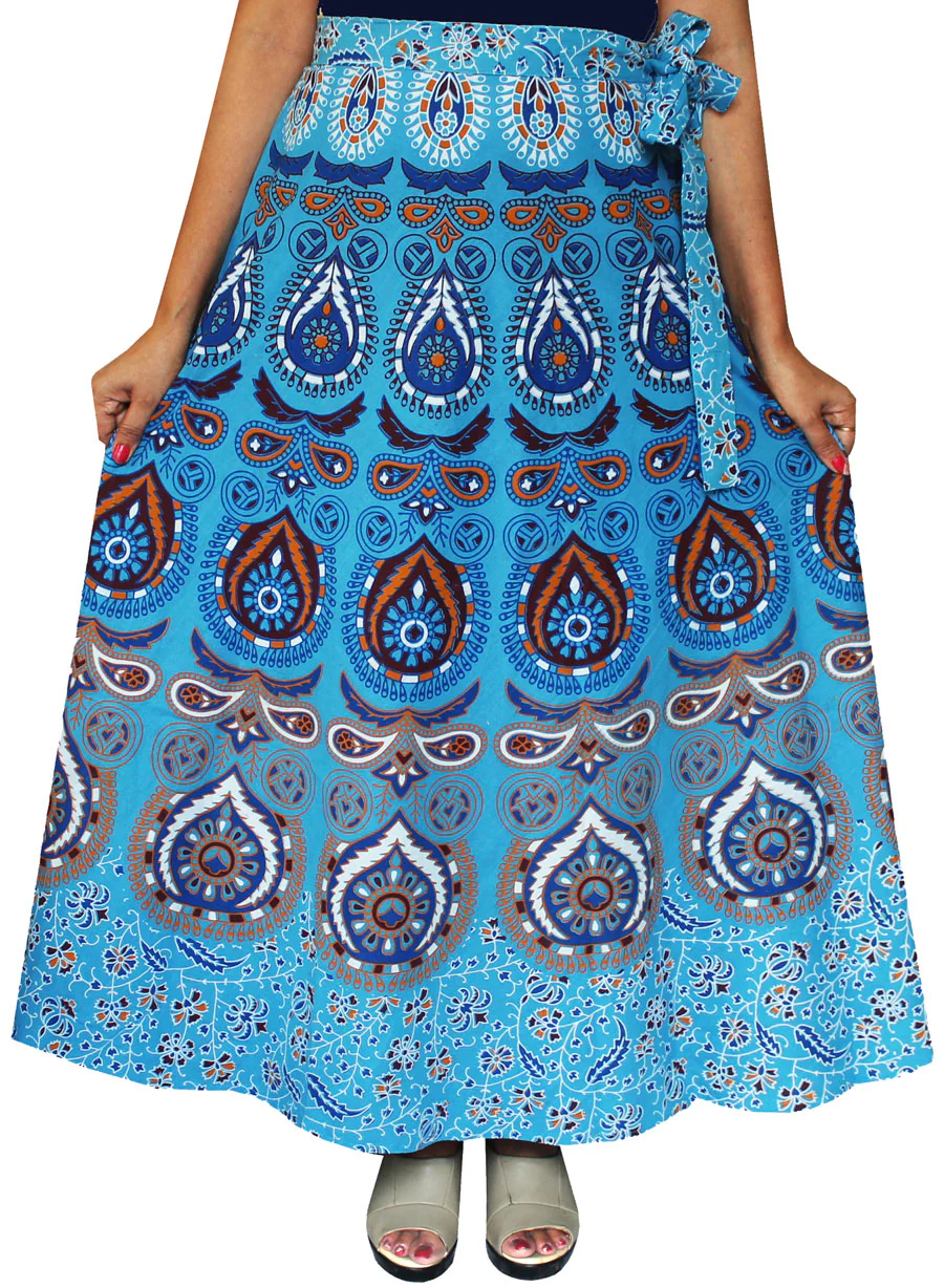 Women's Printed Long Cotton Wrap Around India Skirt (Blue, One Size) - Image 2