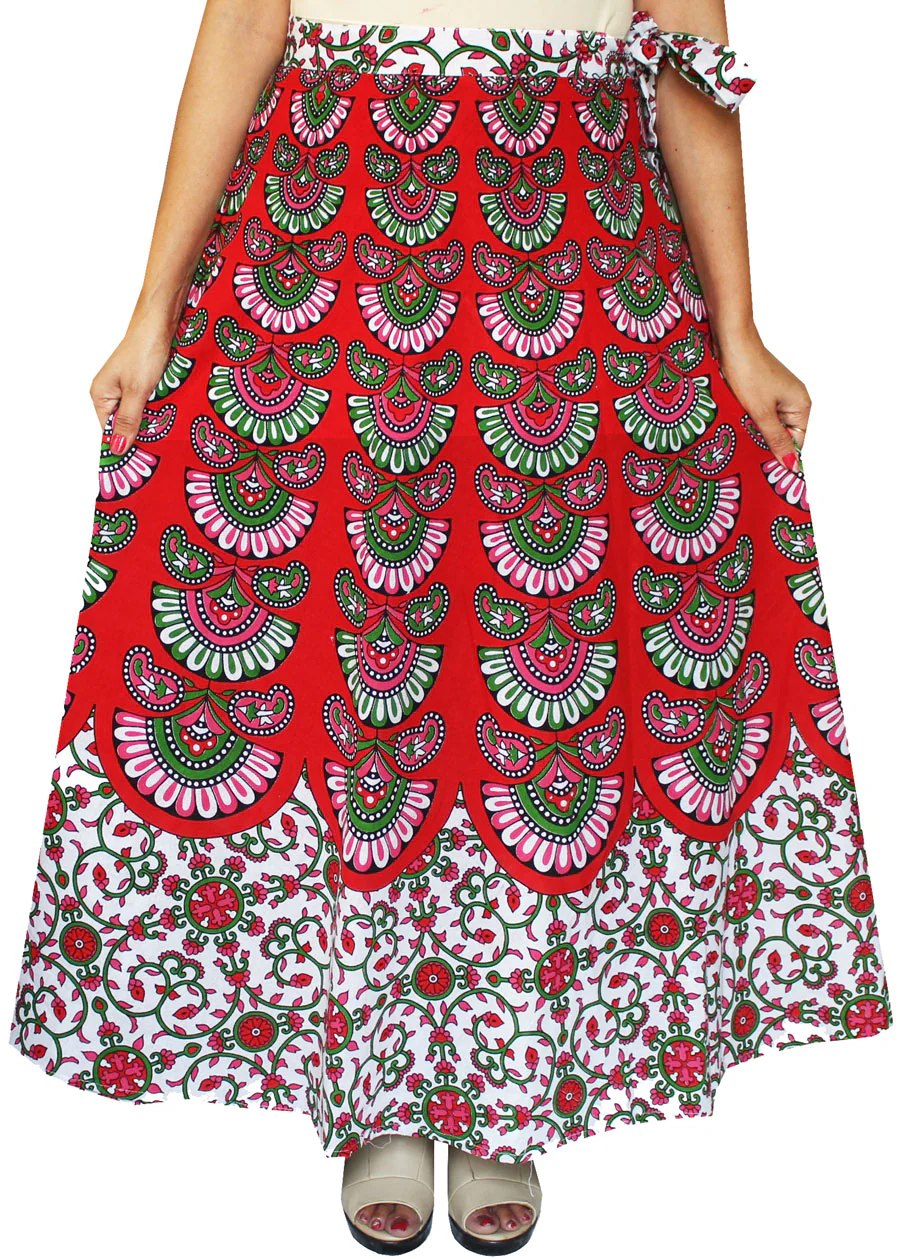 Women's Printed Long Cotton Wrap Around India Skirt (Red, One Size) - Image 2