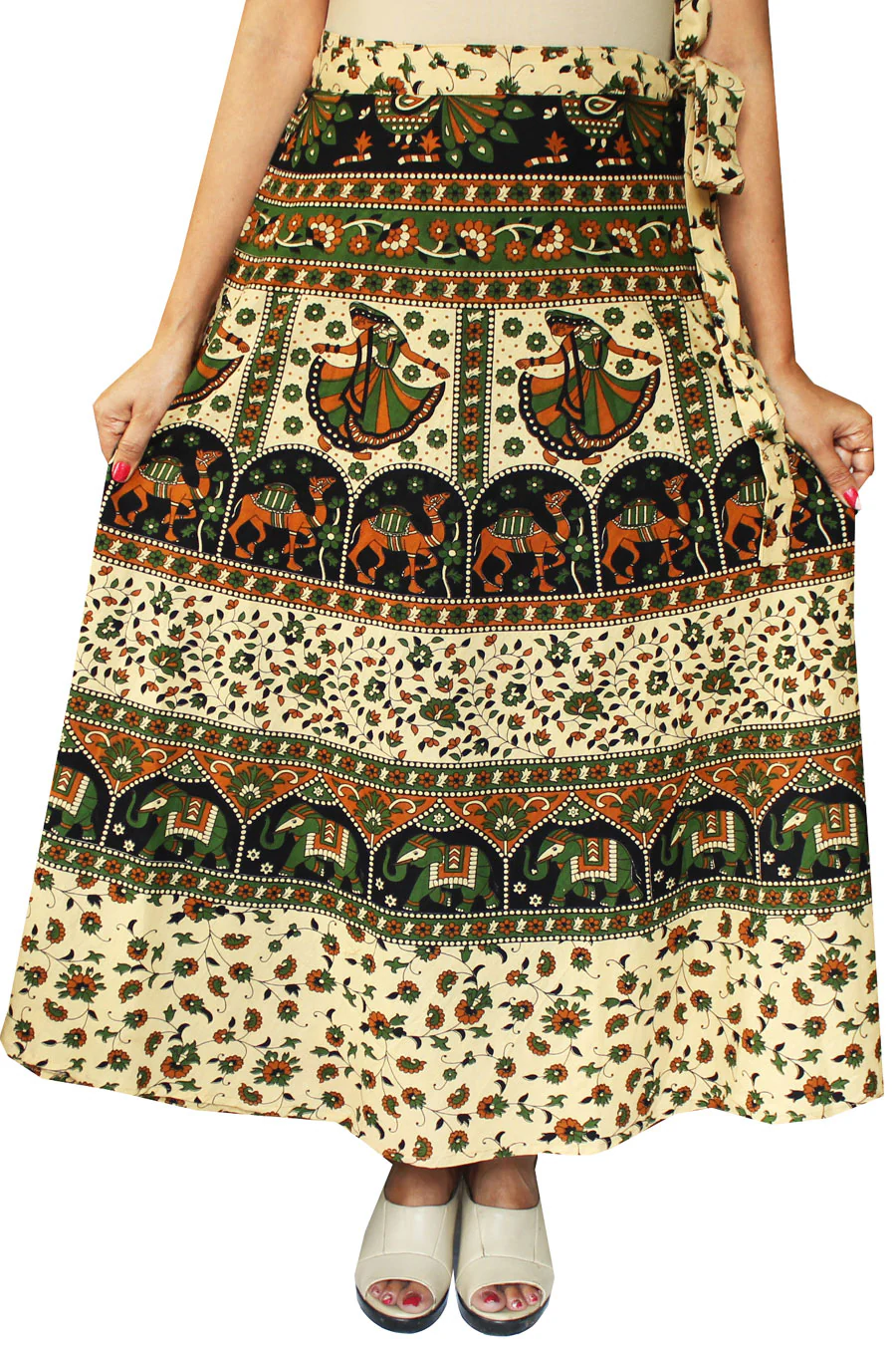 Women's Printed Long Indian Cotton Wrap Skirt (Green, One Size) - Image 2
