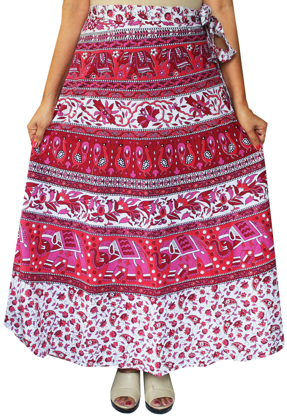 Women's Printed Long Indian Cotton Wrap Skirt (Pink, One Size) - Image 2