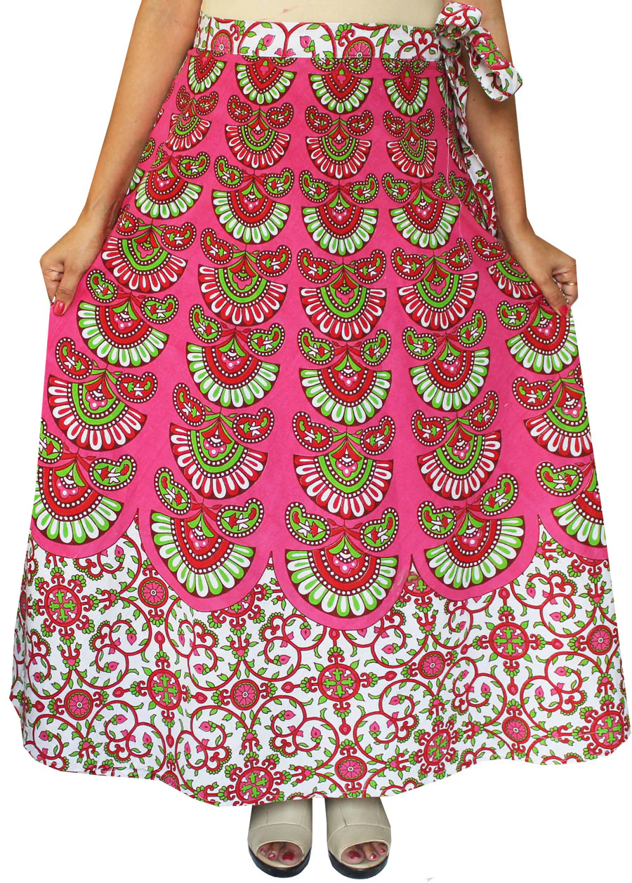 Women's Printed Long Indian Cotton Wrap Skirt (Pink, One Size) - Image 2