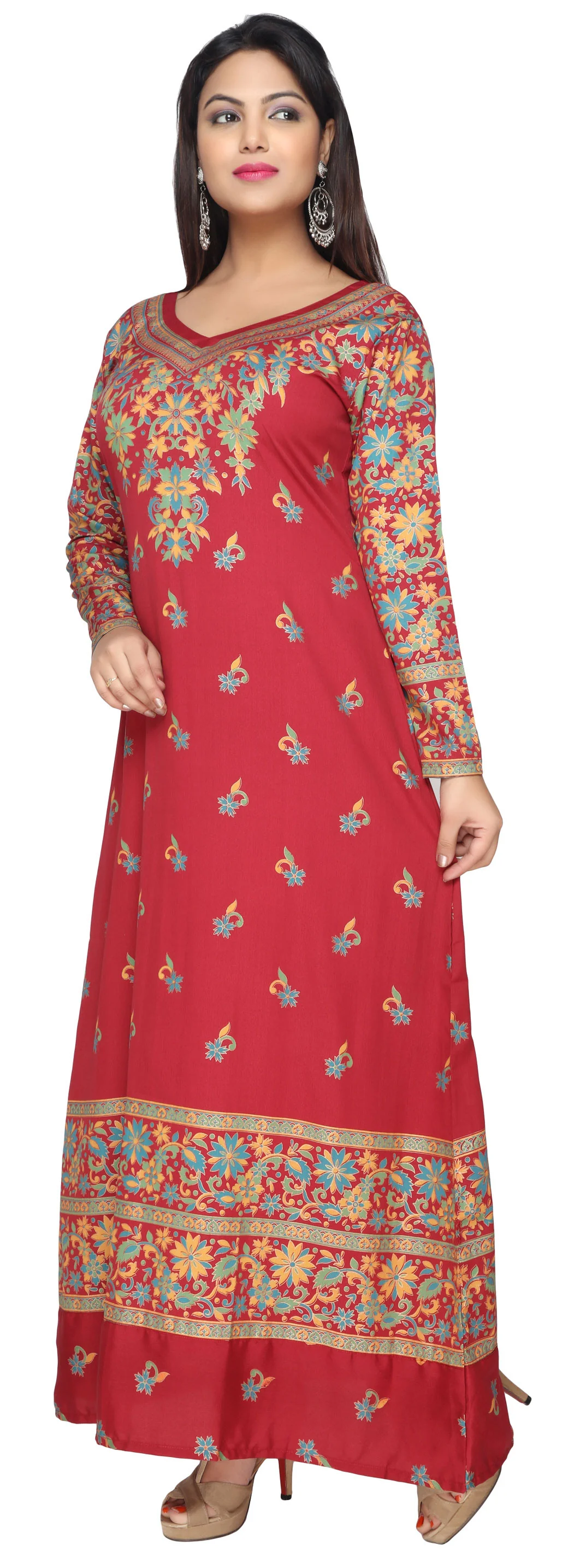 Womens Printed Long Kaftan Evening Dress (Red) - Image 3