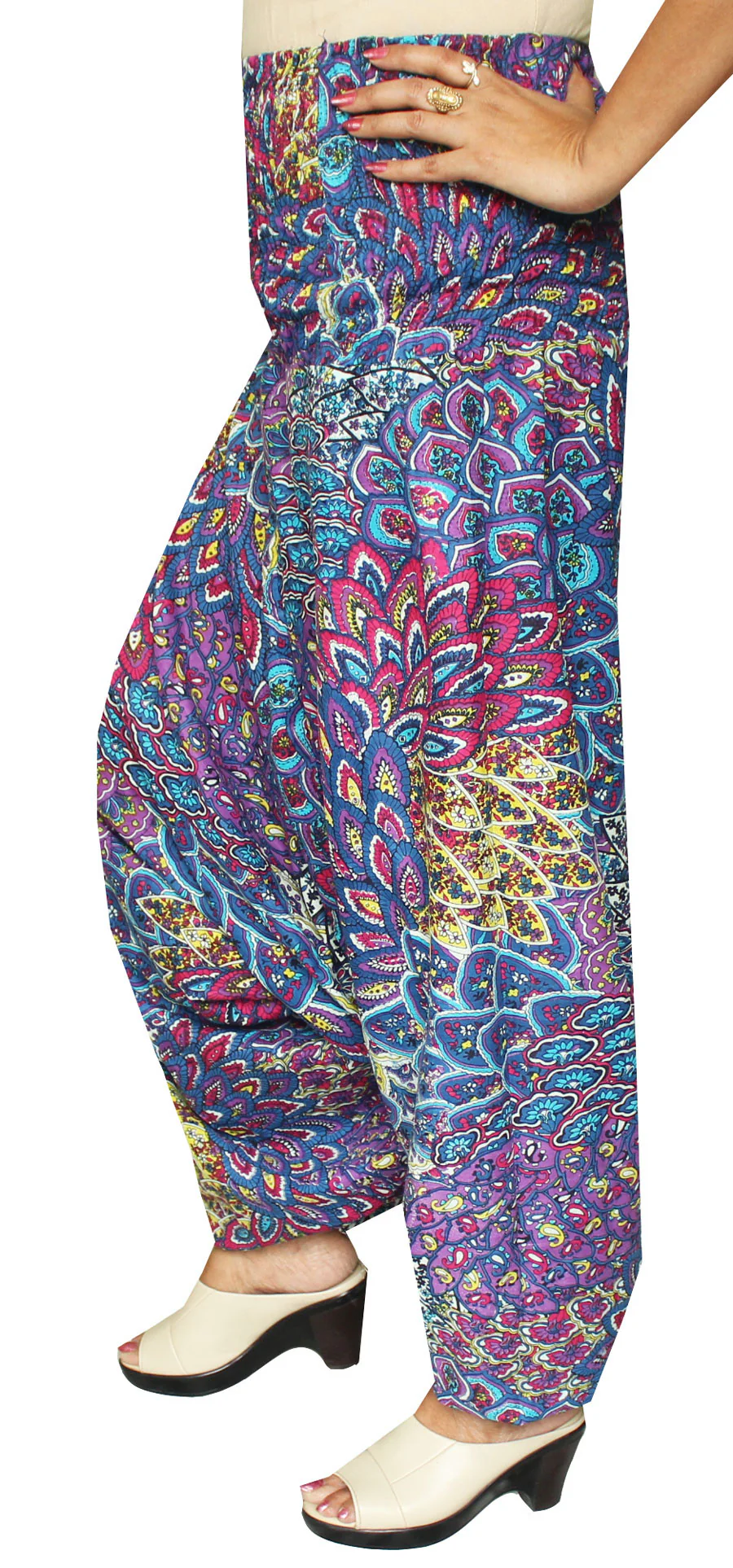 Womens Rayon Smocked Waist Hippie Harem Pants (Blue) - Image 2