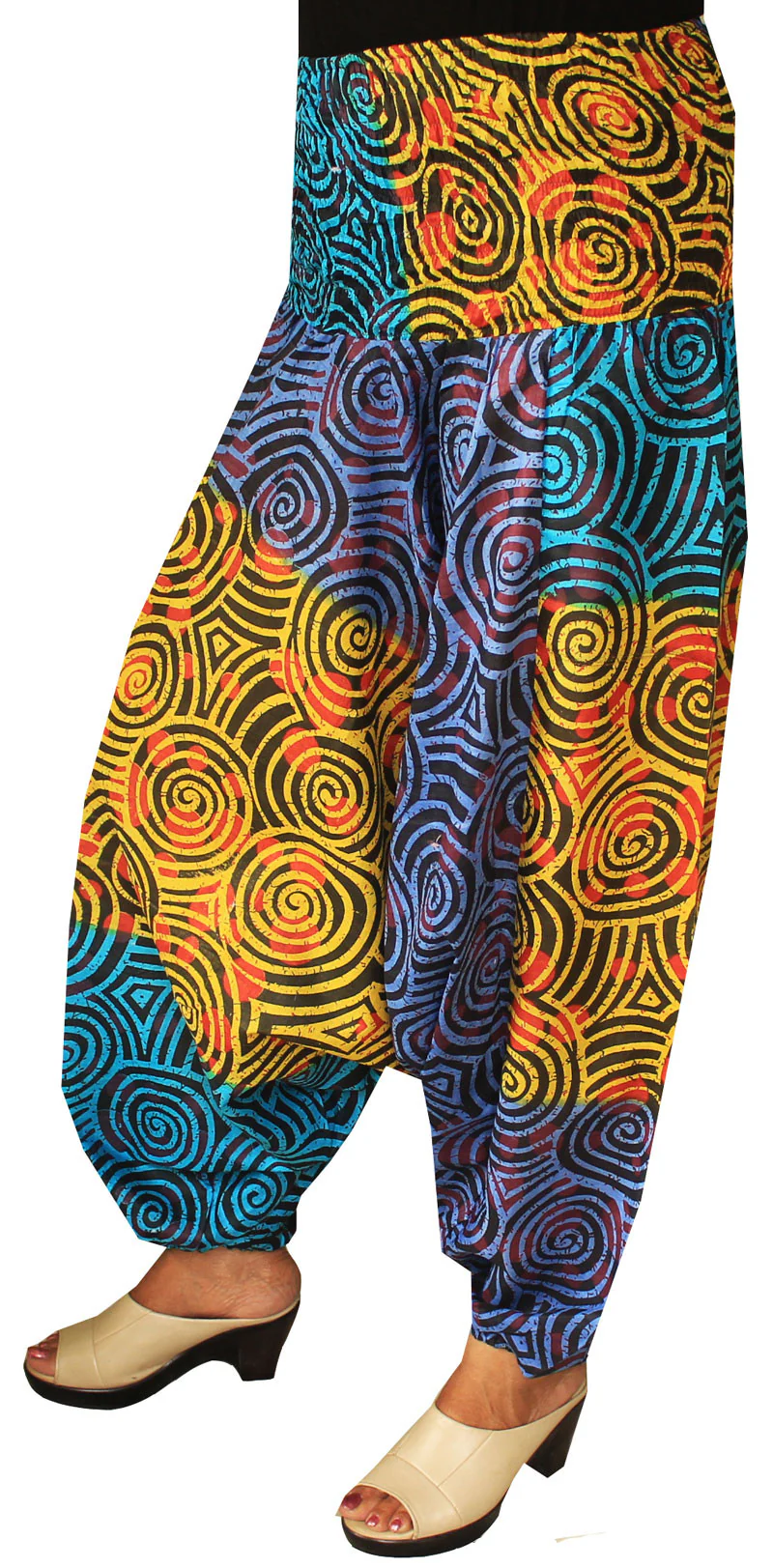 Womens Smocked Waist Hippie Cotton Harem Pants Multicolor - Image 2