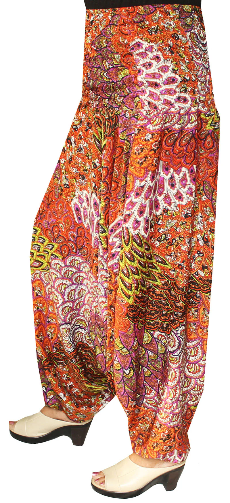 Womens Smocked Waist Hippie Moss Crepe Harem Pants (Orange) - Image 2