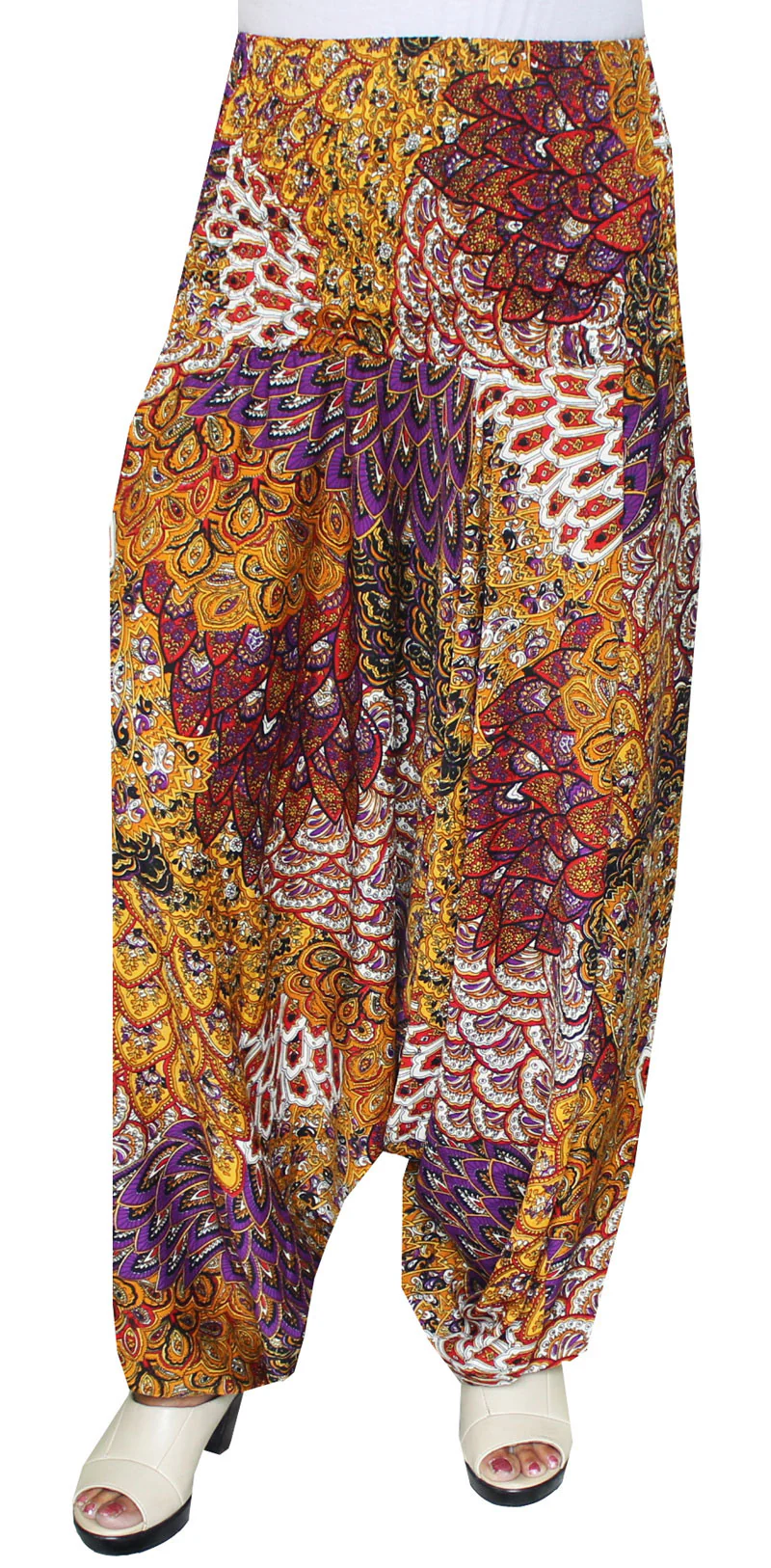 Womens Smocked Waist Hippie Moss Crepe Harem Pants (Yellow) - Image 2