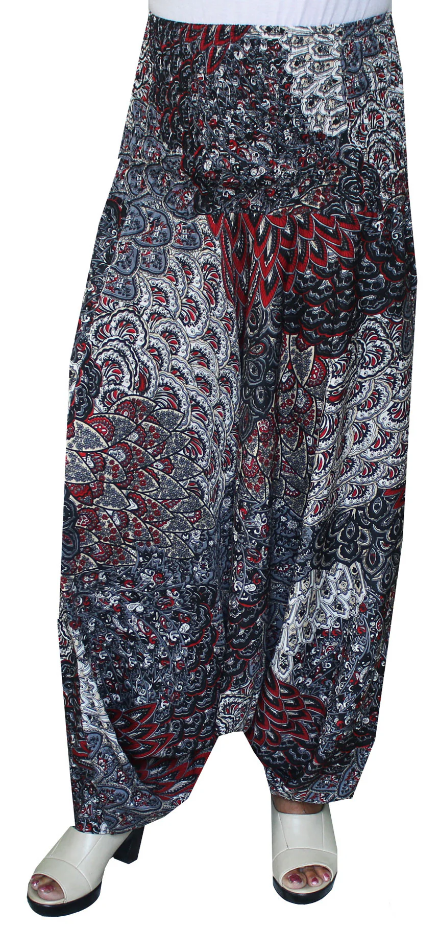 Womens Smocked Waist Hippie Moss Crepe Harem Pants (Grey) - Image 2