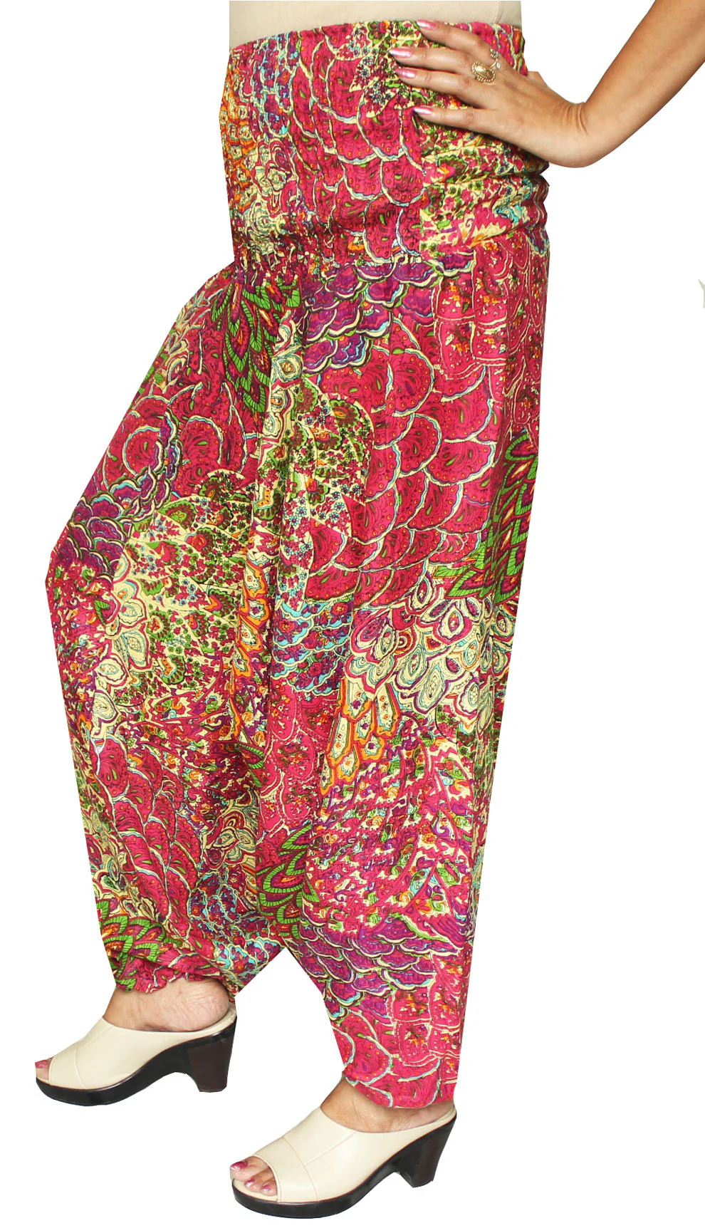 Womens Smocked Waist Hippie Rayon Harem Pants (Pink) - Image 2