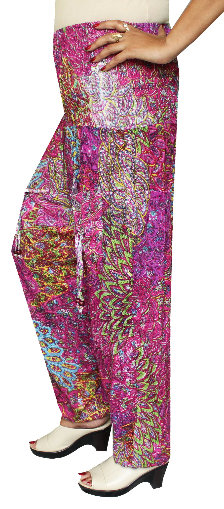 Womens Smocked Waist Hippie Rayon Harem Pants (Pink) - Image 2