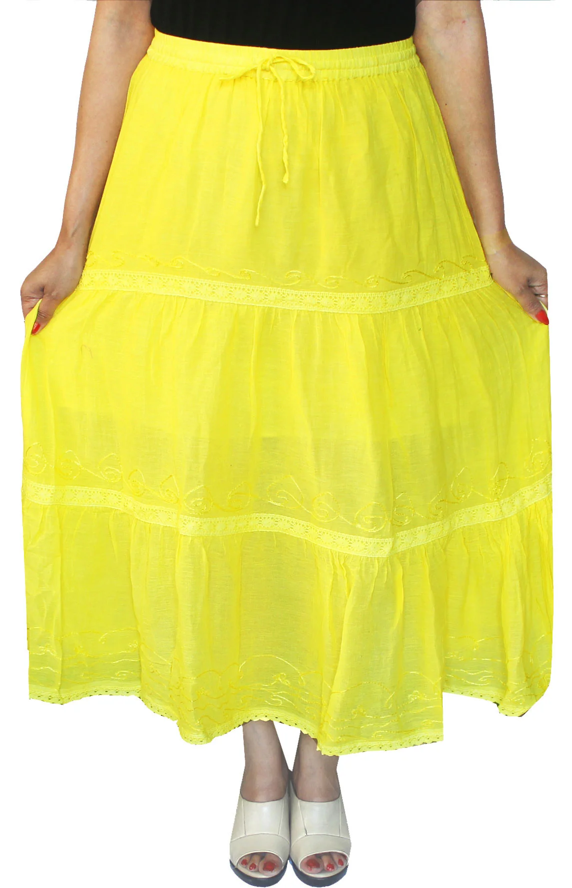Womens Solid Embroidered Cotton Womens Skirt Indian Clothing (Yellow) - Image 2
