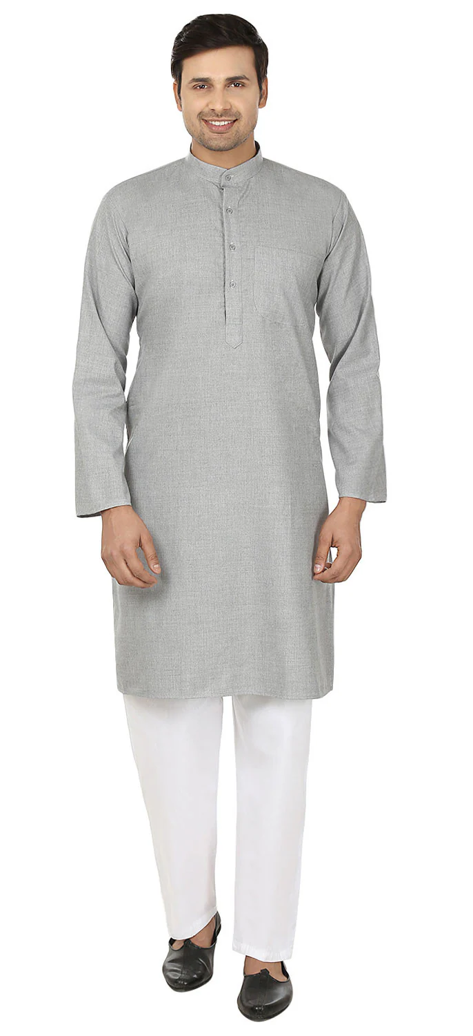 Wool Blend Cotton Kurta Pajama Men's Indian Dress (Grey)