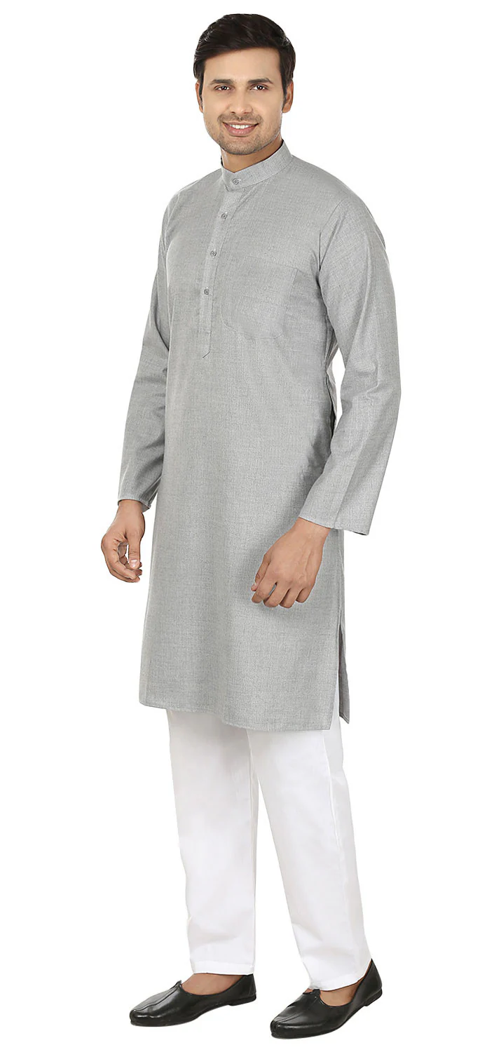 Wool Blend Cotton Kurta Pajama Men's Indian Dress (Grey) - Image 2