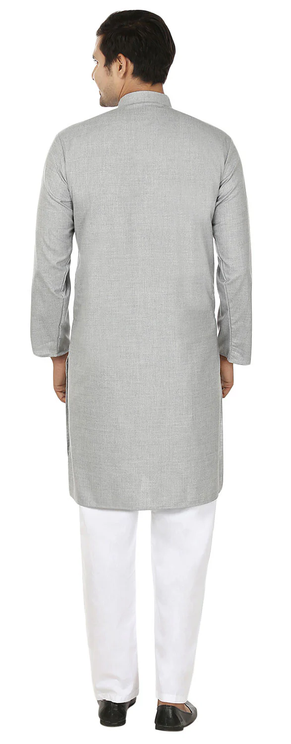 Wool Blend Cotton Kurta Pajama Men's Indian Dress (Grey) - Image 3
