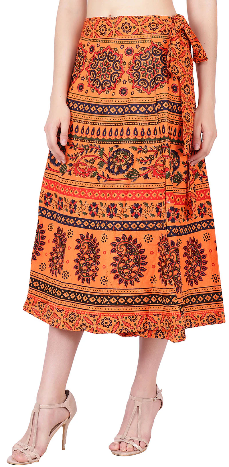 Wrap Around Indian Skirt Cotton Printed Women's India Clothes (Orange, One Size) - Image 2