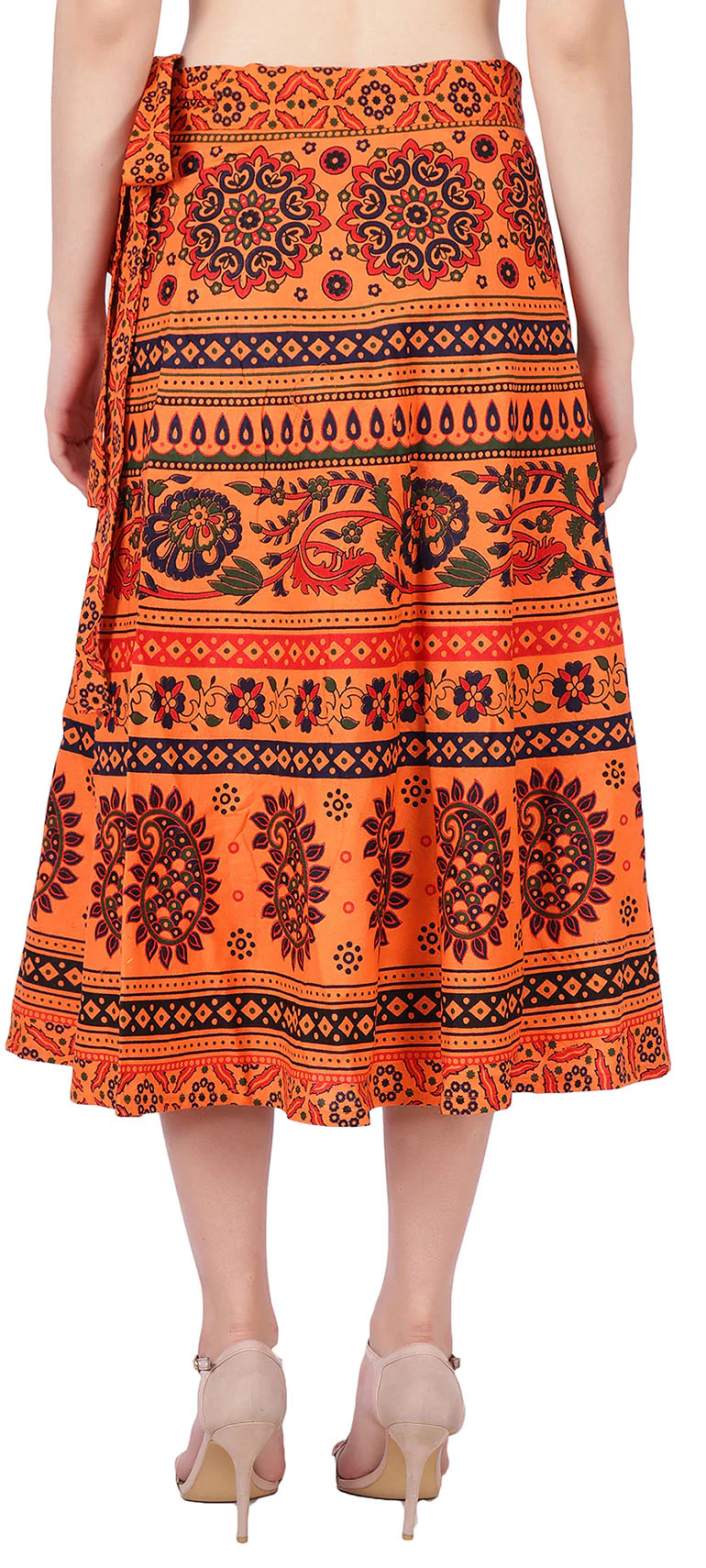 Wrap Around Indian Skirt Cotton Printed Women's India Clothes (Orange, One Size) - Image 3