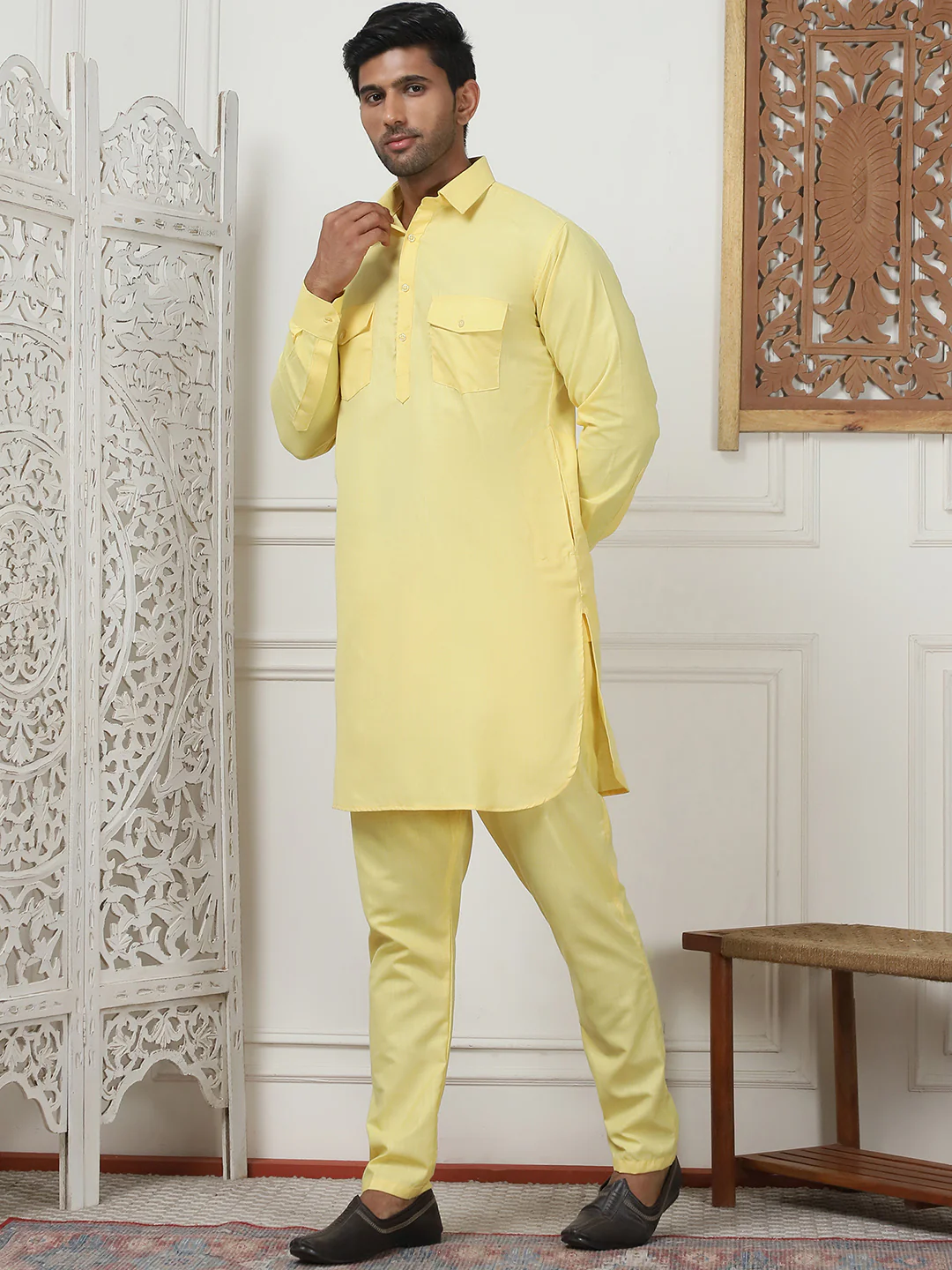 Yellow Punjabi Kurta Pajama Set – Cotton Indian Outfit for Men - Image 2